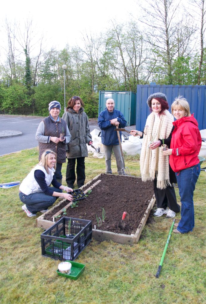 Teachers around the newly constructed raised bed - Teacher Training Workshop
